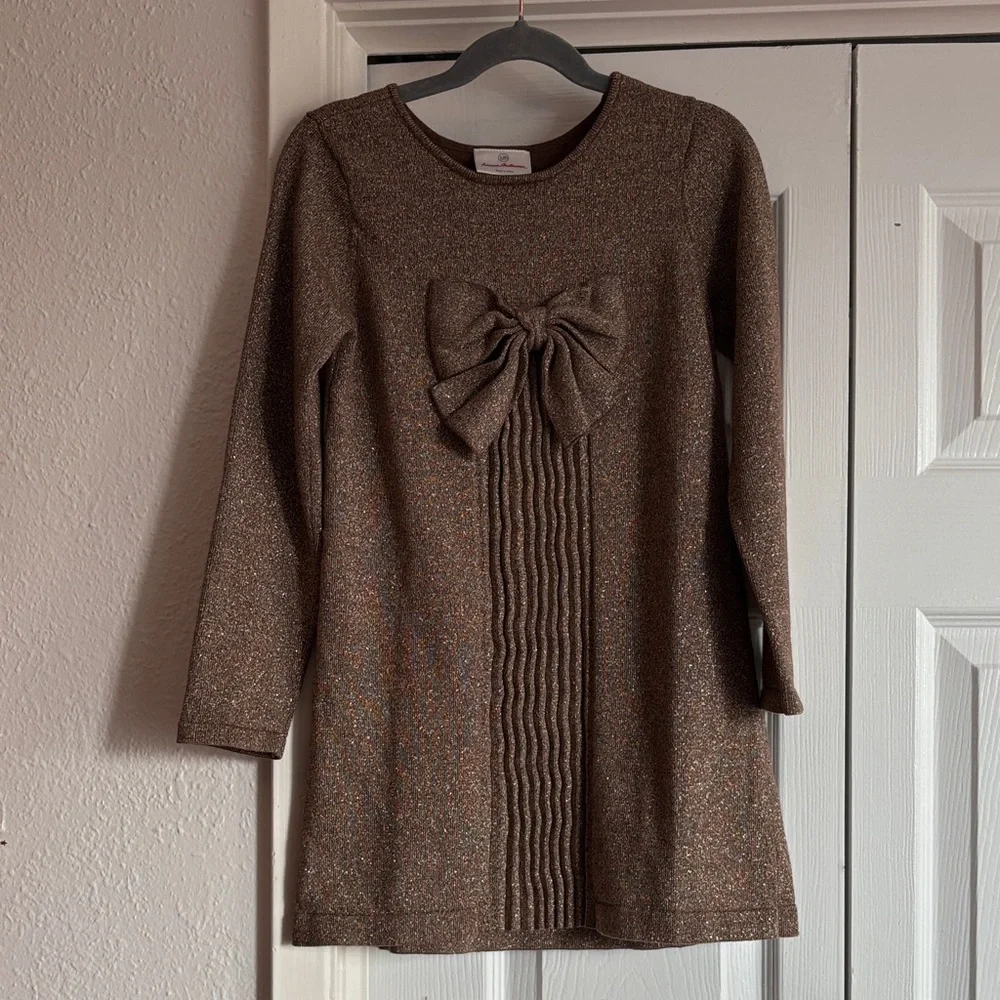 Hanna Andersson Festive Holiday Sparkling Taupe Sweater Dress with Bow